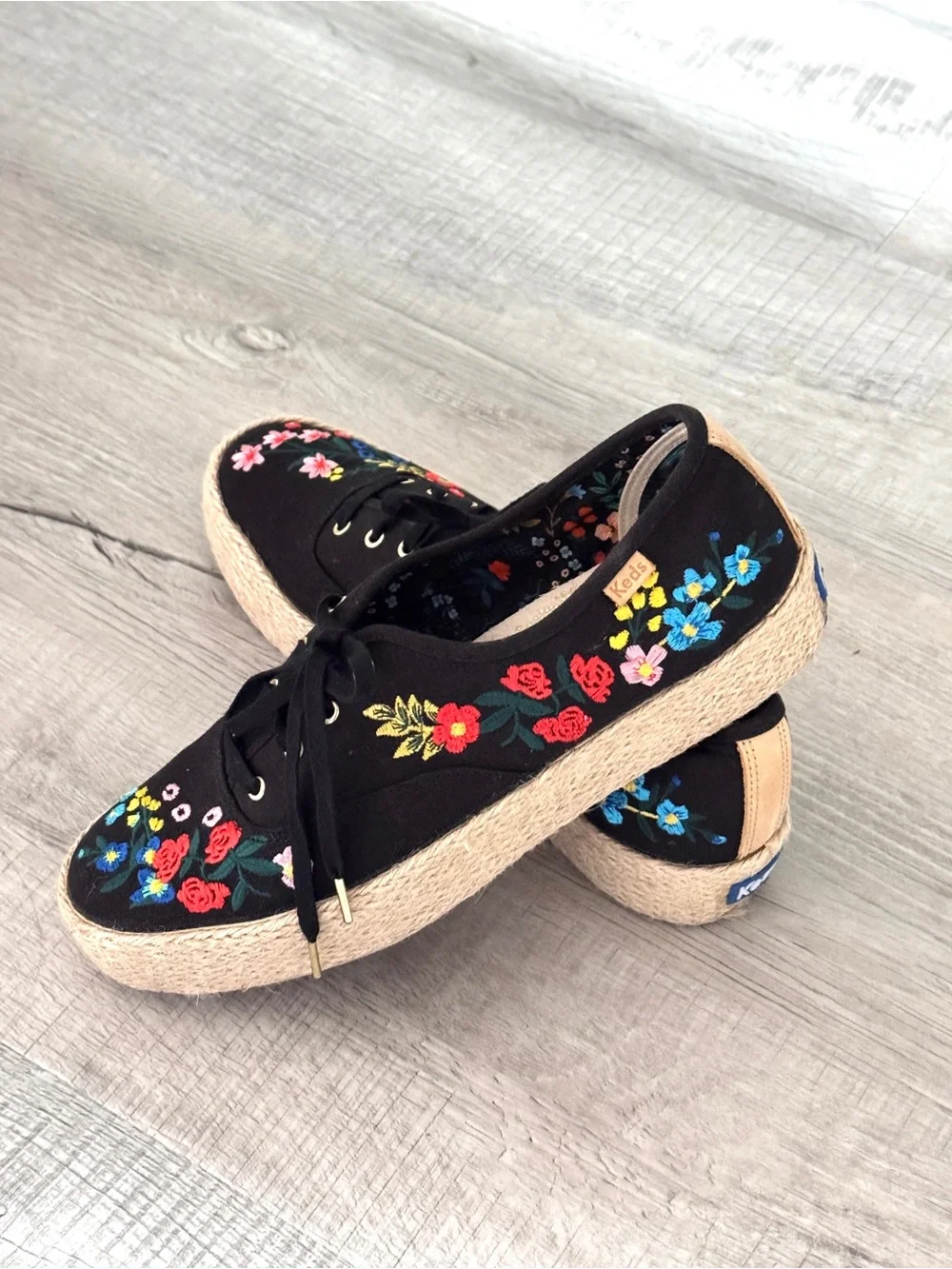 Keds Rifle Paper Black Embroidered Floral Espadrille Platform Sneaker Womens 9
